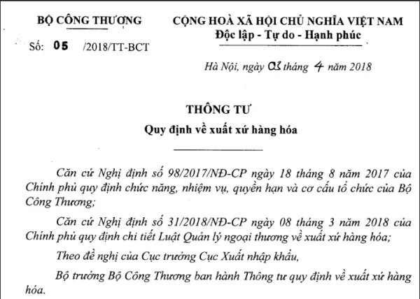 Thông tư 05/2018/TT-BCT quy định về xuất xứ hàng hóa