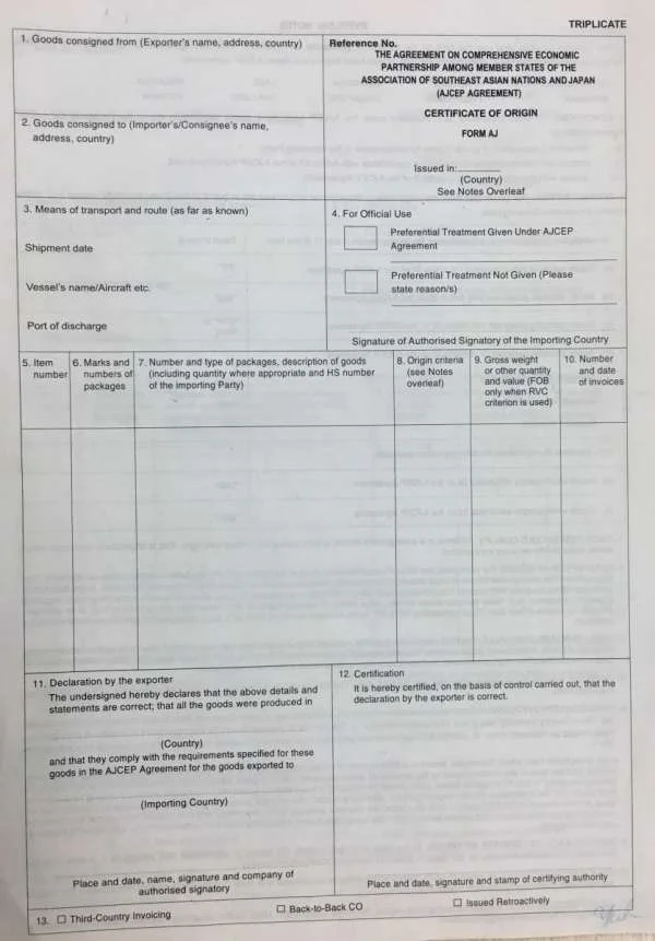 C/O form AJ cho hàng hóa xuất nhập khẩu đi Nhật Bản